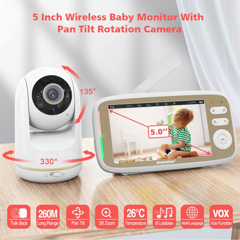 5 Inch Baby Monitor Camera 2-Way Audio 3X Zoom