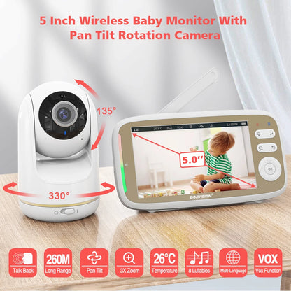 5 Inch Baby Monitor Camera 2-Way Audio 3X Zoom