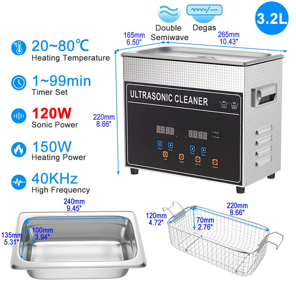 Heated 3.2L Ultrasonic Cleaner 120W for Dental and Jewelry