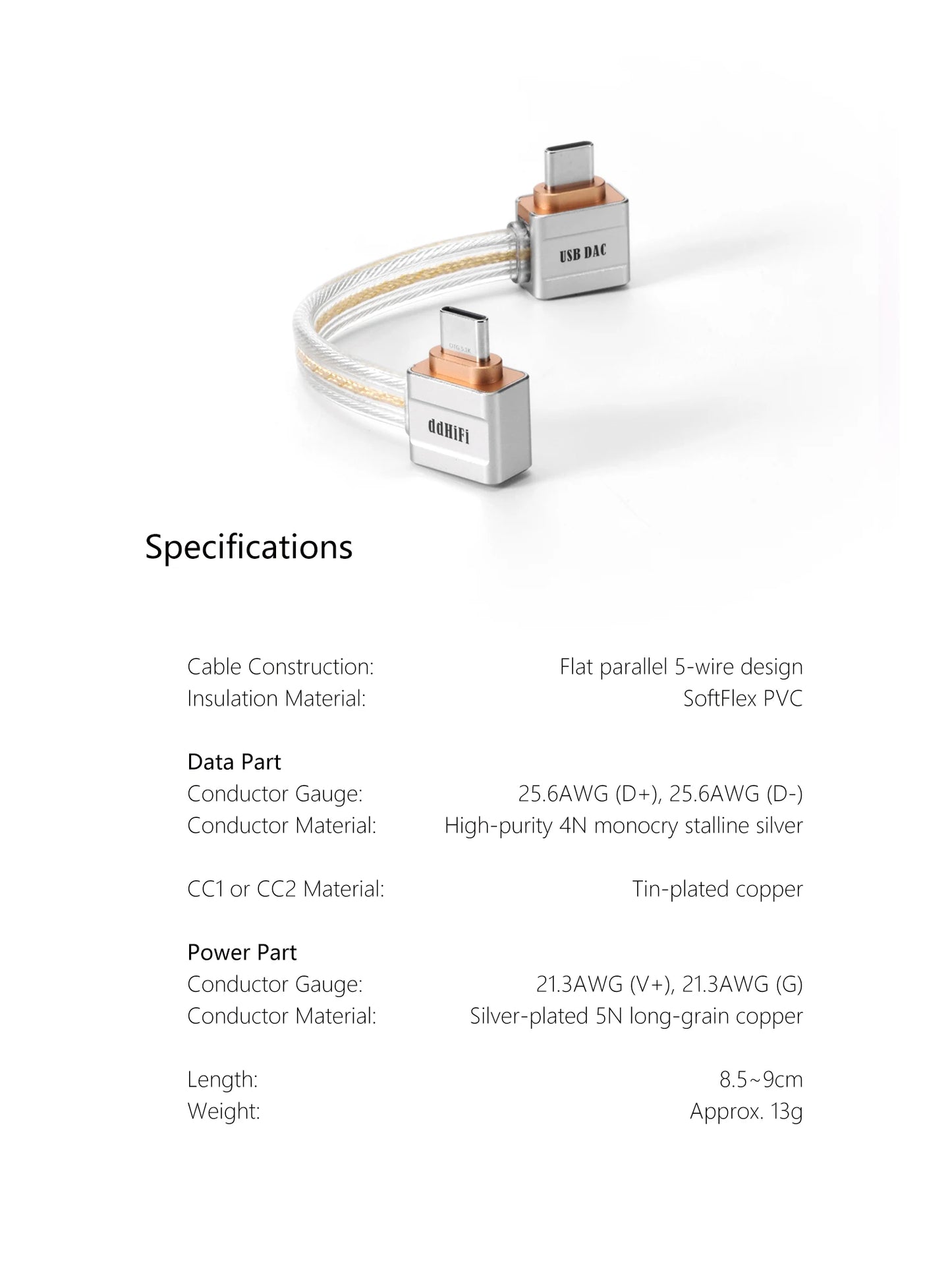 USB-C OTG Cable Pure Silver L-Shaped DAC Audio Cable