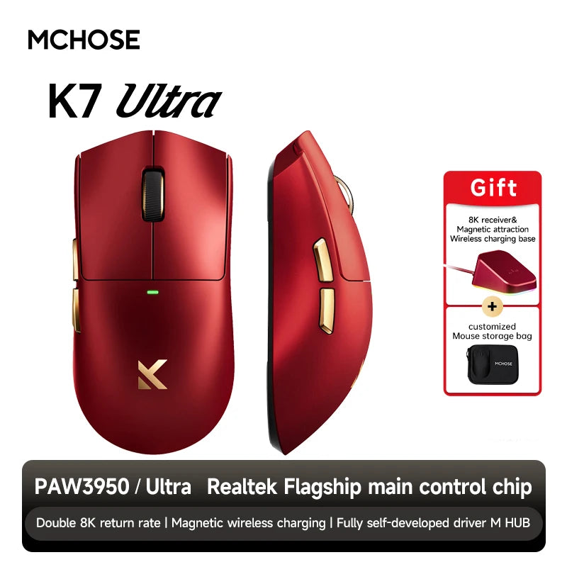K7 Ultra Red Gold Wireless Gaming Mouse 8K