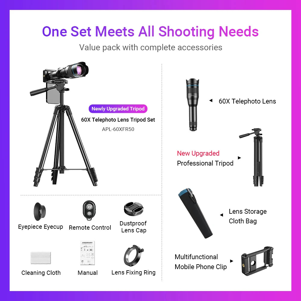 60X Telephoto Zoom Lens Kit for Smartphones