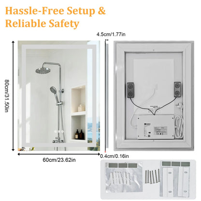 60x80cm Backlit LED Vanity Mirror Bluetooth Anti-Fog Waterproof