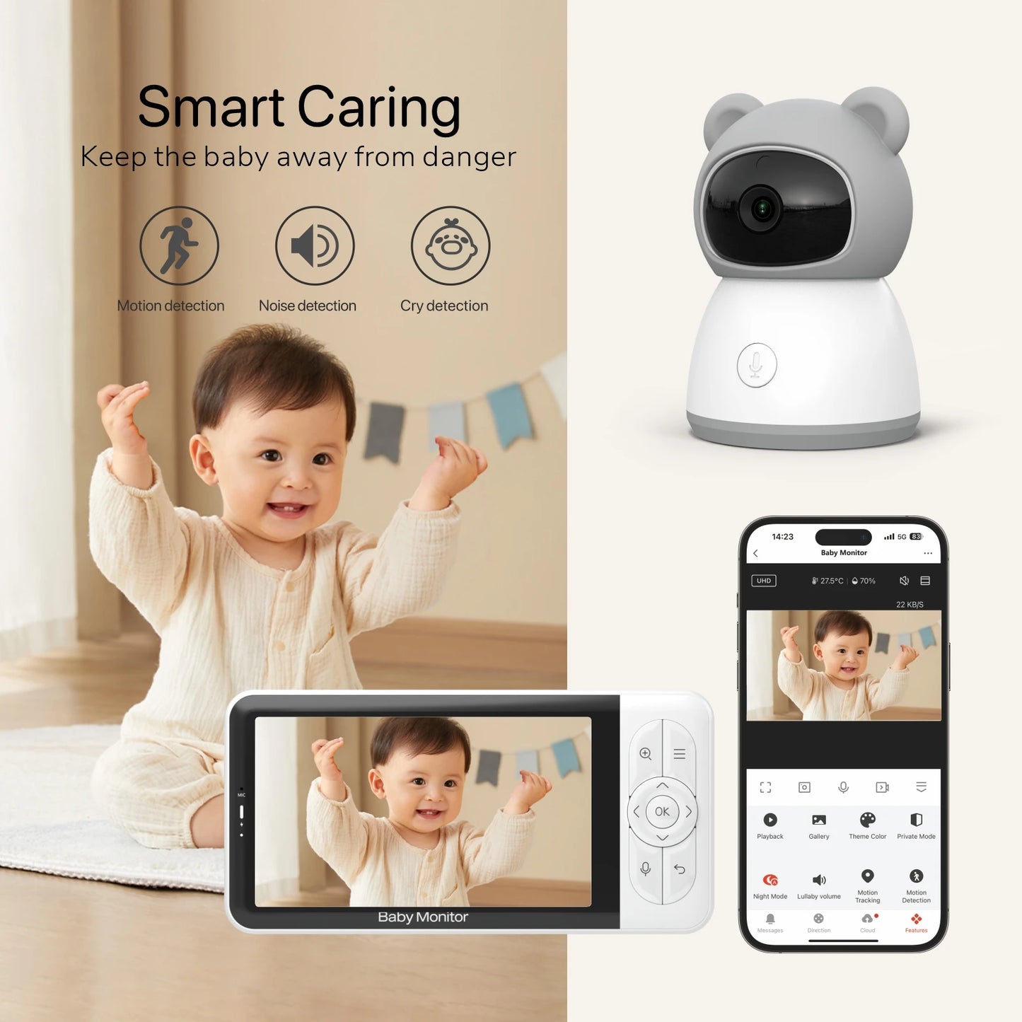 Smart Baby Monitor 2K Camera 5 Inch Display 2-Way Audio