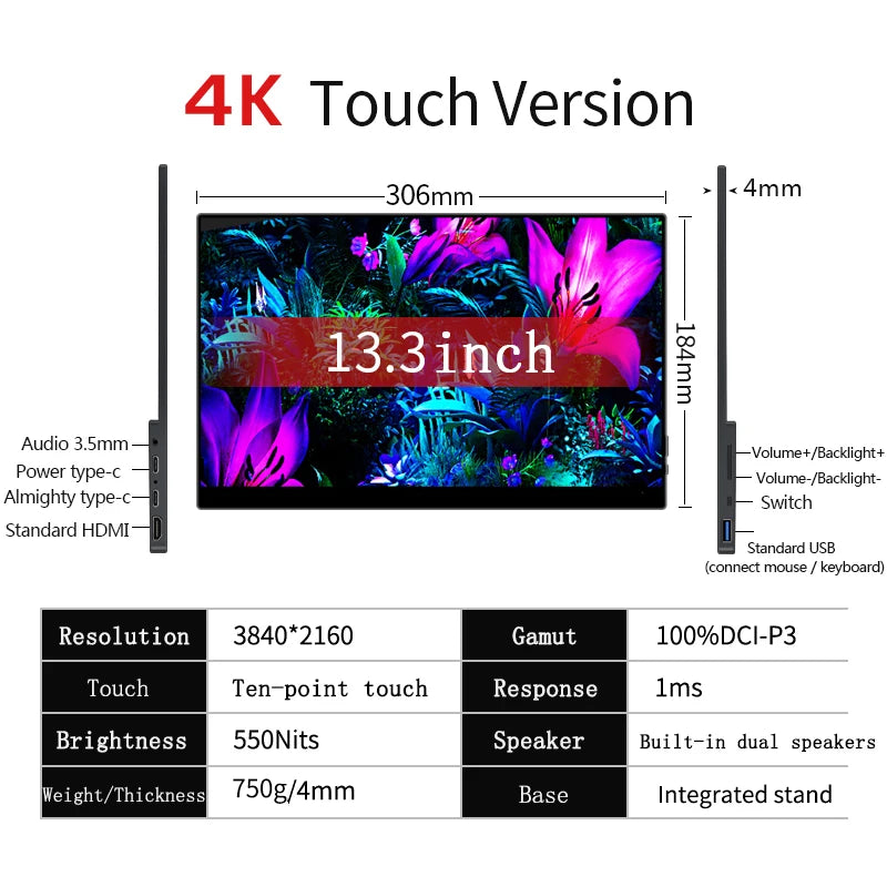 13.3-Inch 4K OLED Portable Monitor Touchscreen USB-C