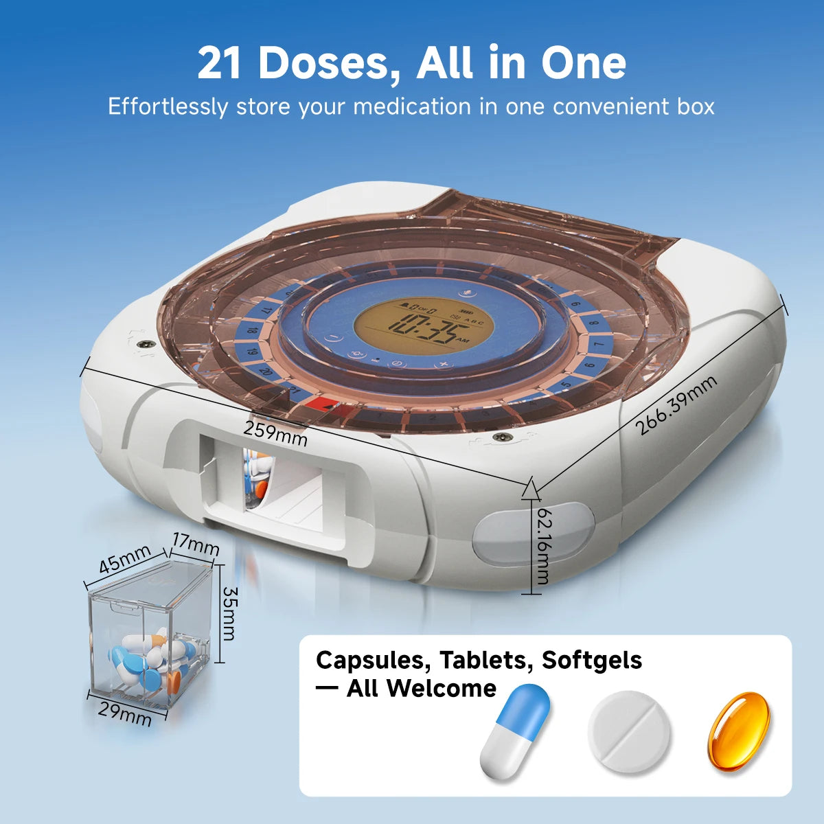 WiFi Automatic Pill Dispenser with 21 Compartments and Remote Setup