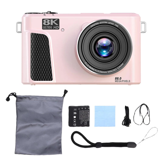 Pink Digital Camera 8K 88MP WiFi Flip Screen 18x Zoom