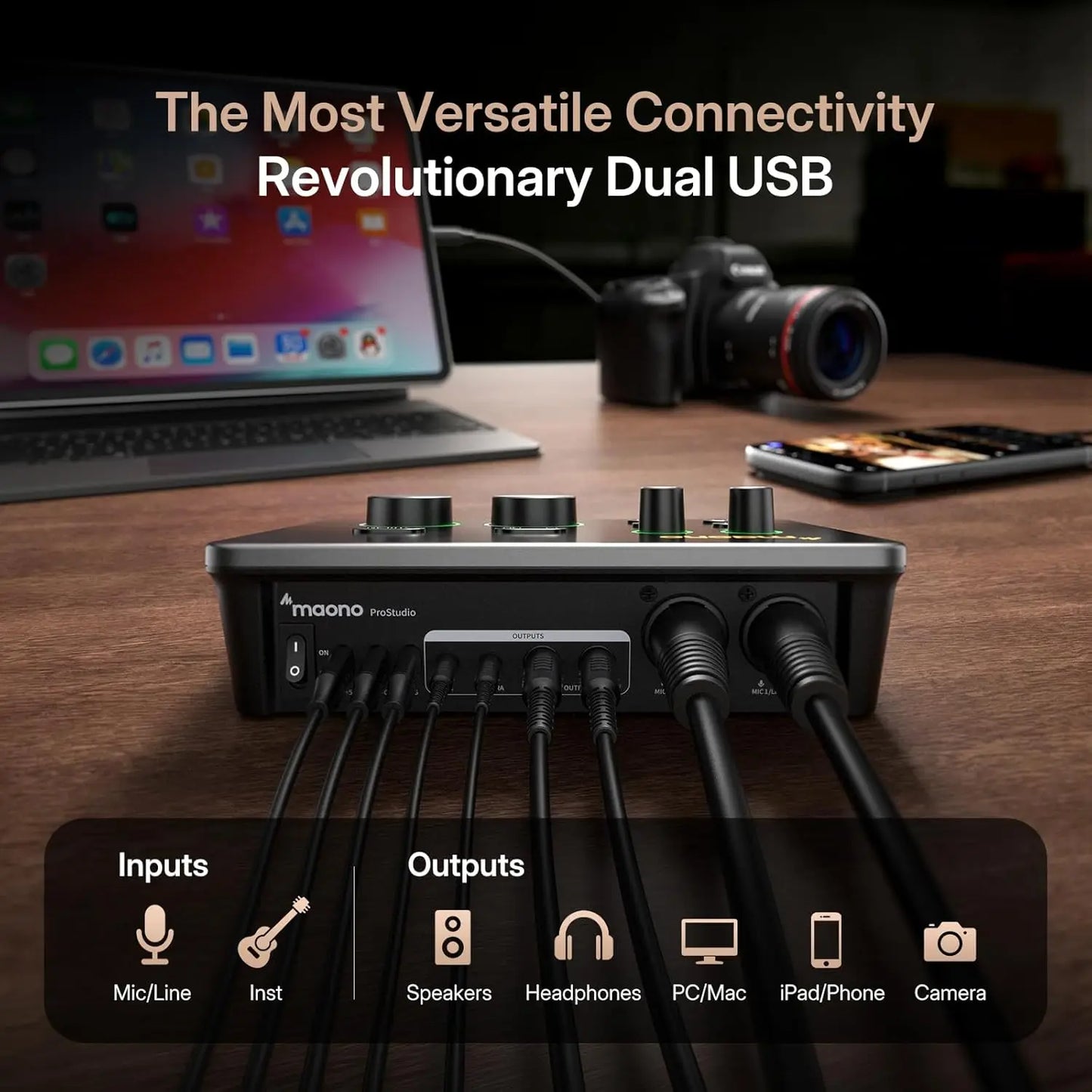 Dual XLR USB Audio Interface Mixer 56dB Gain for Podcasting