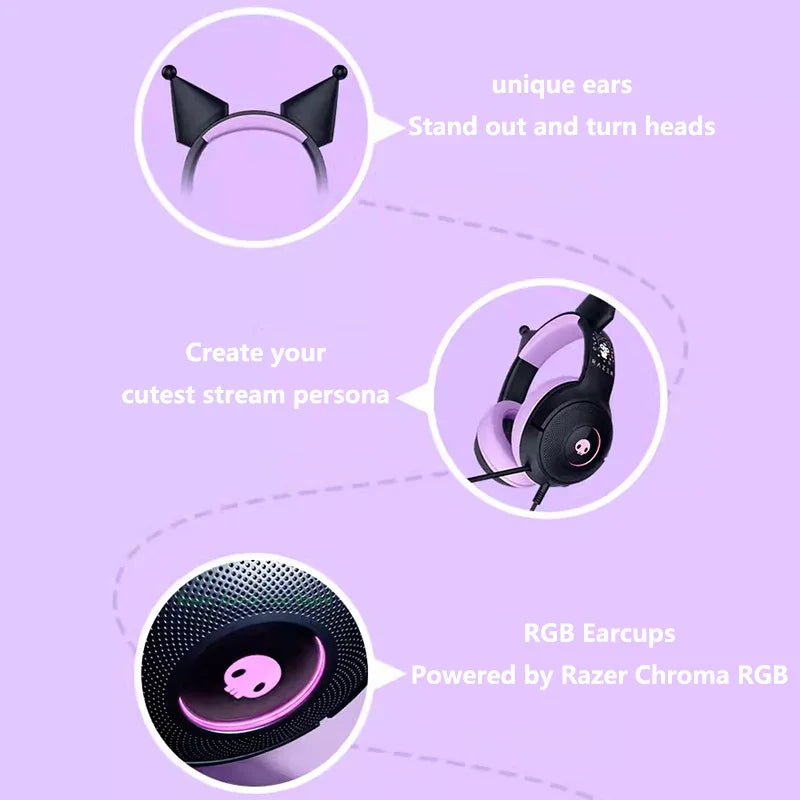 USB Wired Gaming Headset with Cardioid Mic and Kuromi Ears