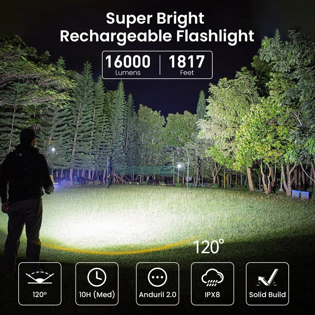 Ultra Bright 16000lm Rechargeable Flashlight USB-C Portable Torch