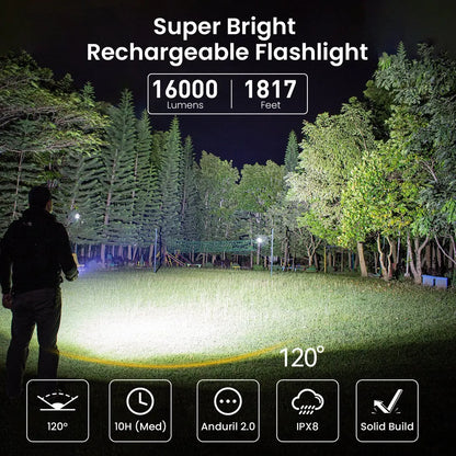 Ultra Bright 16000lm Rechargeable Flashlight USB-C Portable Torch