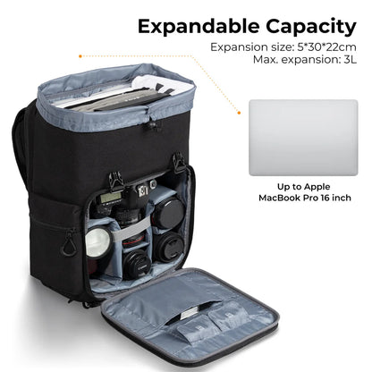 25L Black Camera and Laptop Backpack for DSLR and Mirrorless