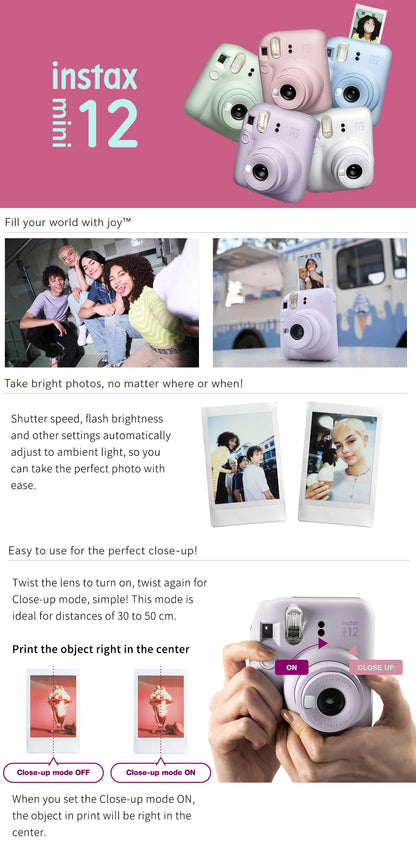 Instax Mini 12 Camera Pink with Bag & Photo Paper