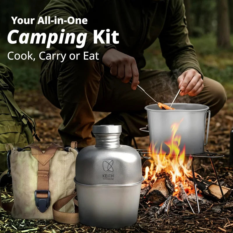 Portable Titanium Canteen Mess Kit with Carry Pouch