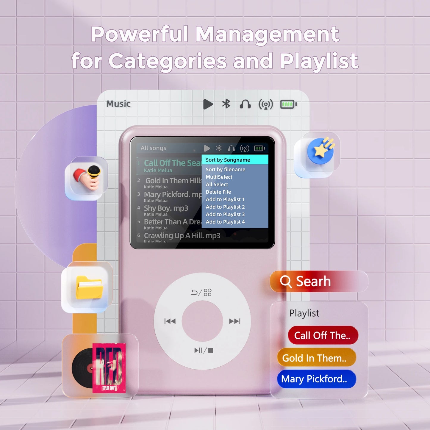 HiFi MP3 Player with Bluetooth Video FM Radio 128GB Storage Pink