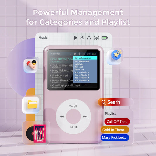 HiFi MP3 Player with Bluetooth Video FM Radio 128GB Storage Pink