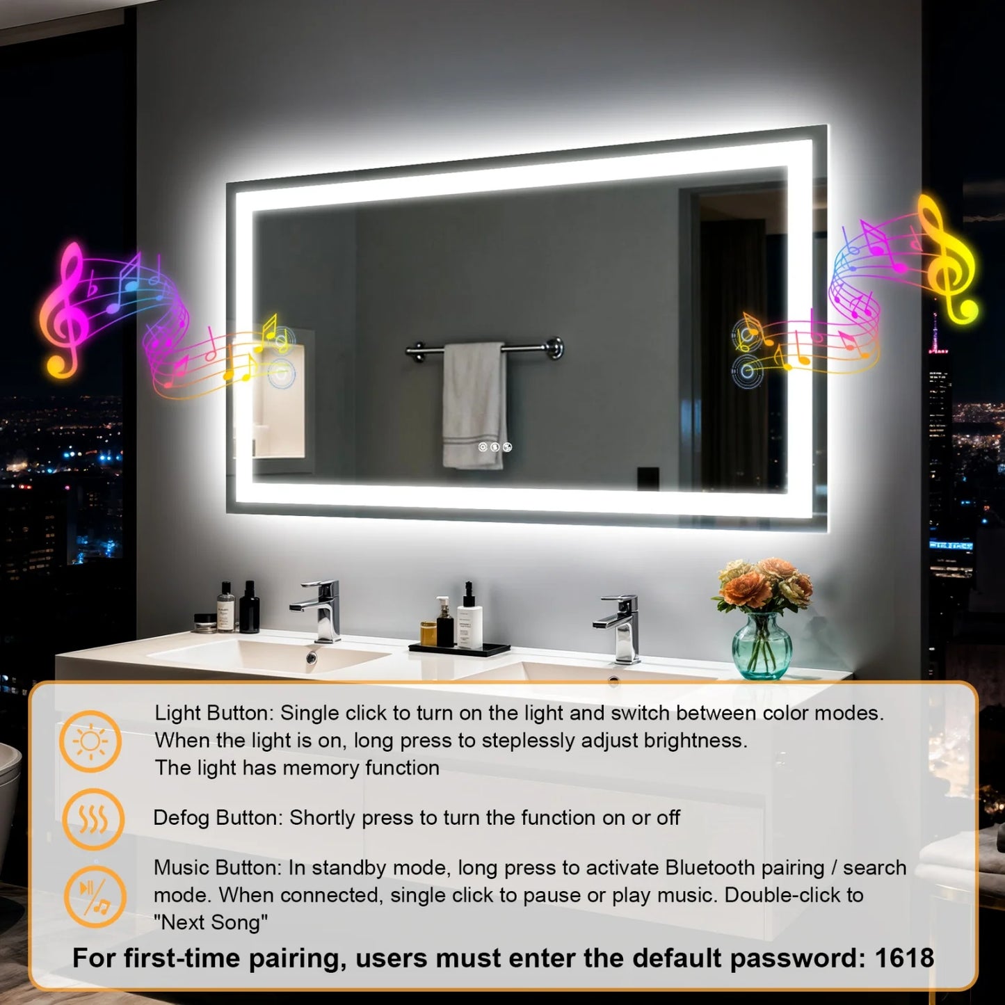 60x80cm Backlit LED Vanity Mirror Bluetooth Anti-Fog Waterproof