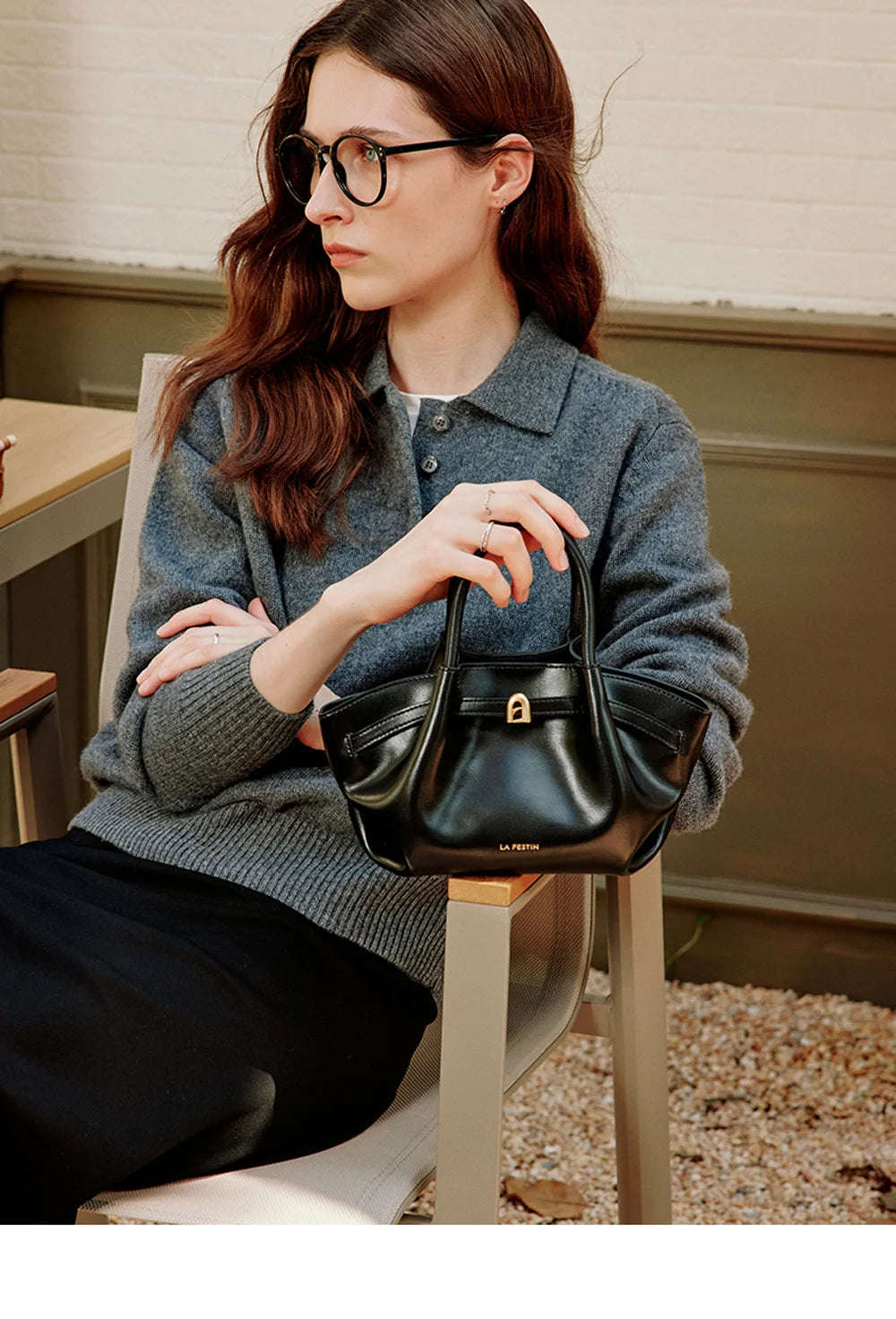 Elegant Black Leather Crossbody Purse with Bucket Shape