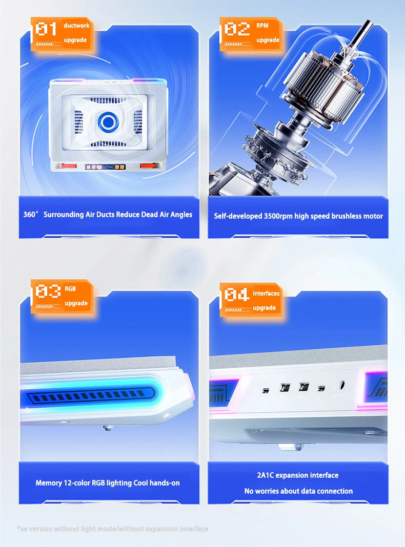 Laptop Cooler Stand White Turbo Fan 2A1C USB Hub RGB