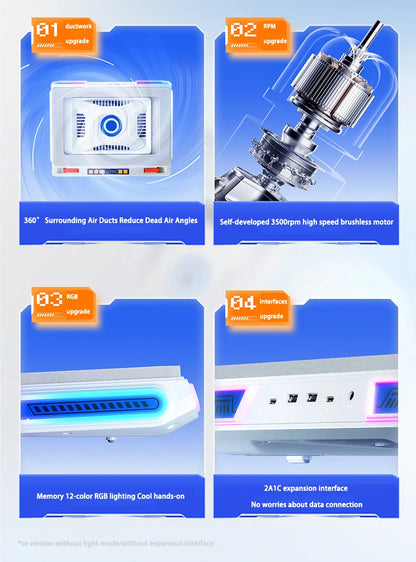 Laptop Cooler Stand White Turbo Fan 2A1C USB Hub RGB