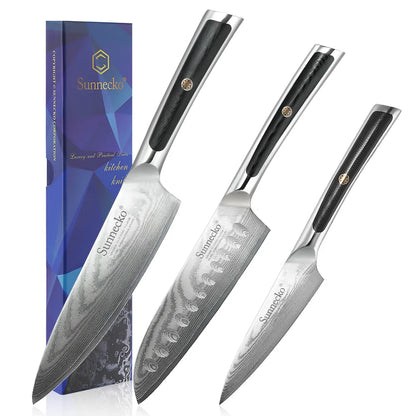 3-Piece Damascus Steel Kitchen Knife Set for Cooking