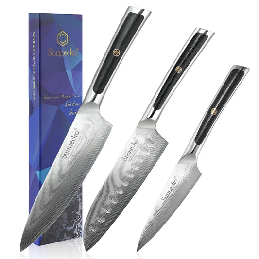 3-Piece Damascus Steel Kitchen Knife Set for Cooking