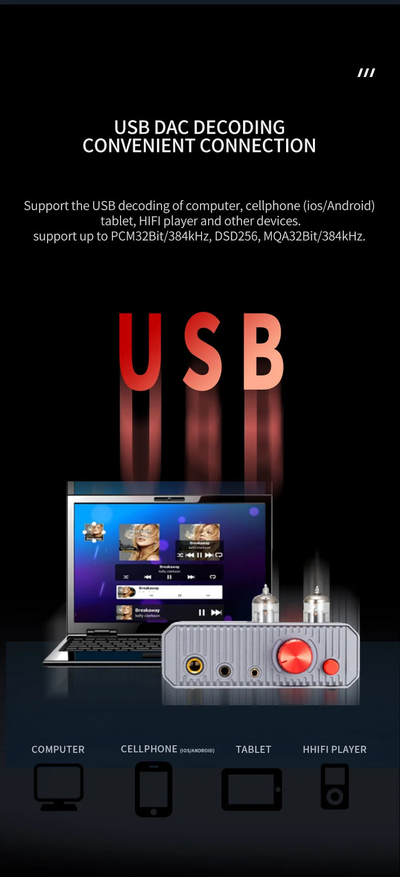 Portable USB Tube DAC Headphone Amp for Hi-Res Sound