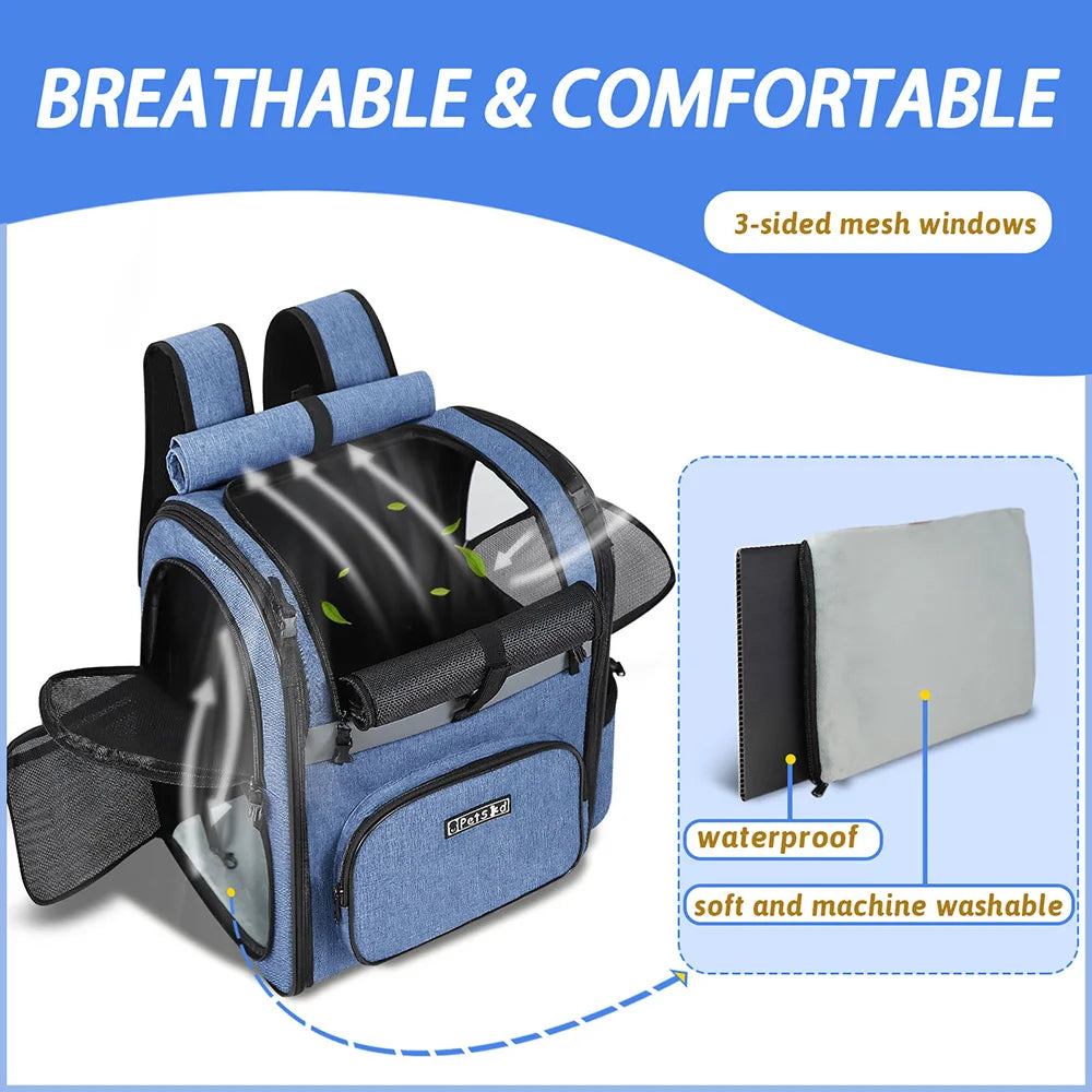 Pet Carrier Bag Foldable Double Shoulder Travel Backpack Blue