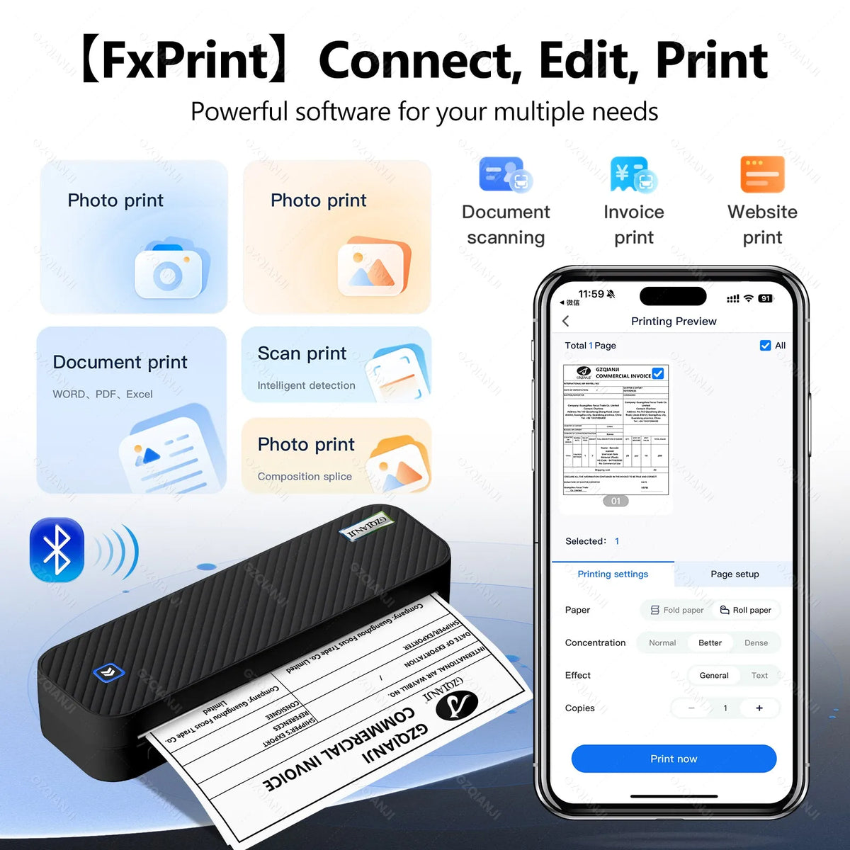 Portable A4 Thermal Printer 300dpi Bluetooth Document Printer