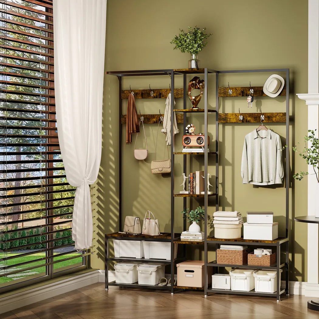 Heavy Duty Corner Hall Tree Coat Stand with Shoe Bench