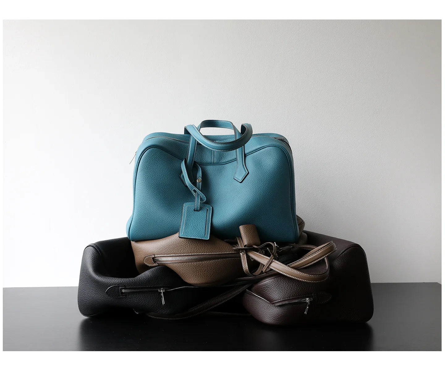 Large Leather Bowling Handbag Laptop Tote Work Bag Blue