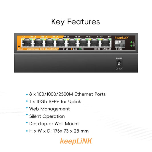 Multi Gigabit 9-Port Network Switch 2.5Gb Ethernet with 10Gb Uplink