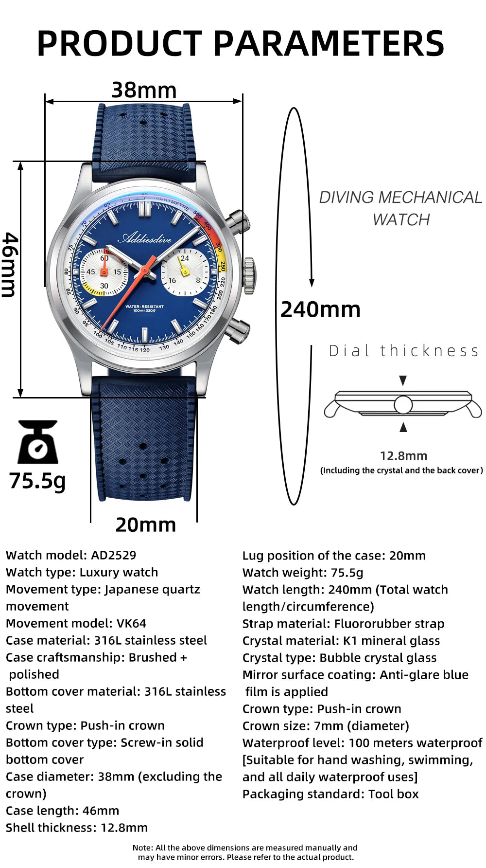 Men’s 38mm Waterproof Chronograph Watch Domed Glass Blue
