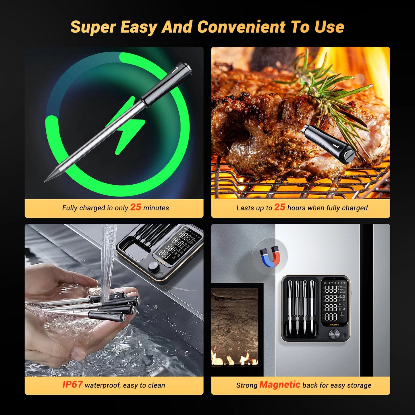 Wireless BBQ Thermometer 4 Probes WiFi Bluetooth IP67
