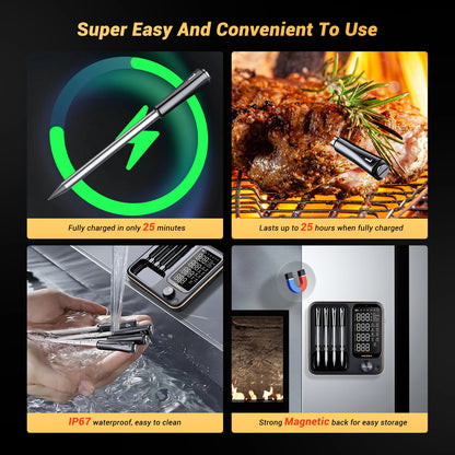 Wireless BBQ Thermometer 4 Probes WiFi Bluetooth IP67