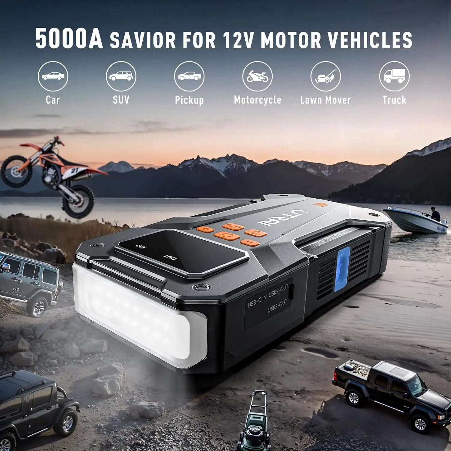 Portable 5000A Car Jump Starter with 150PSI Air Compressor