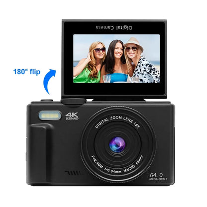 Portable 64MP 4K Vlogging Camera with Flash and 3" Flip Display