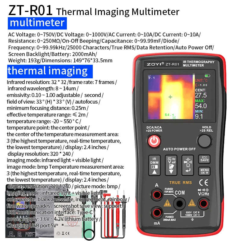Portable 240x240 IR Thermal Multimeter for HVAC ZT-R01