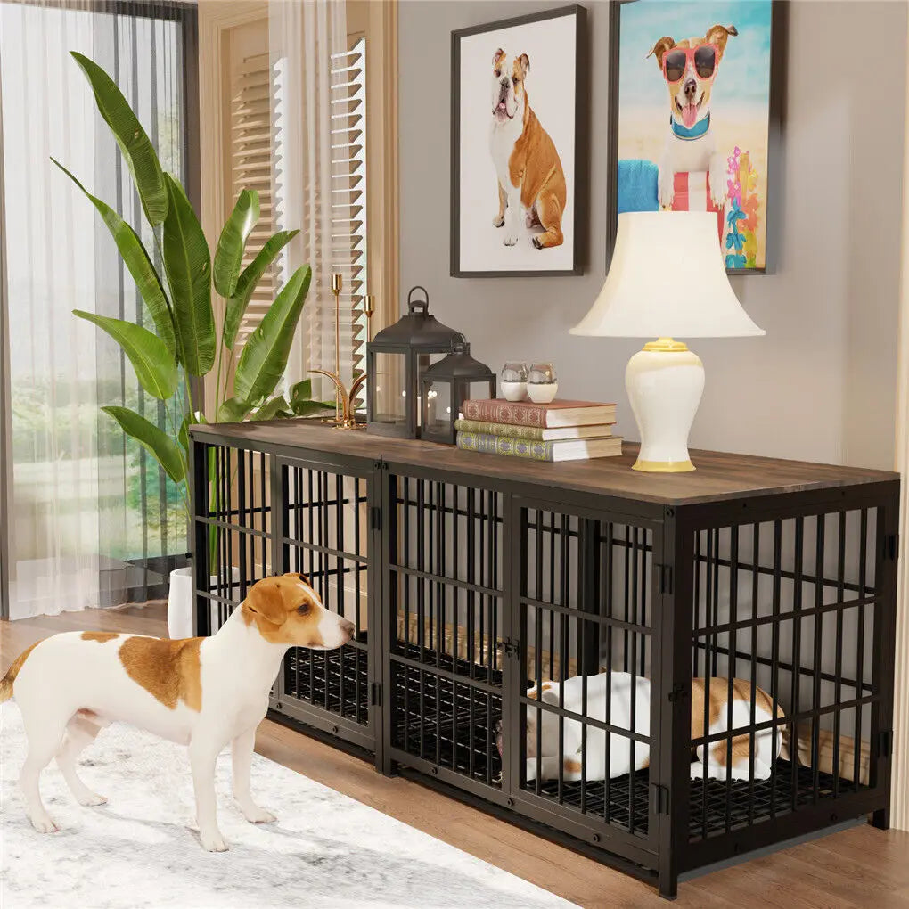 Wooden Metal Dog Kennel Furniture White L