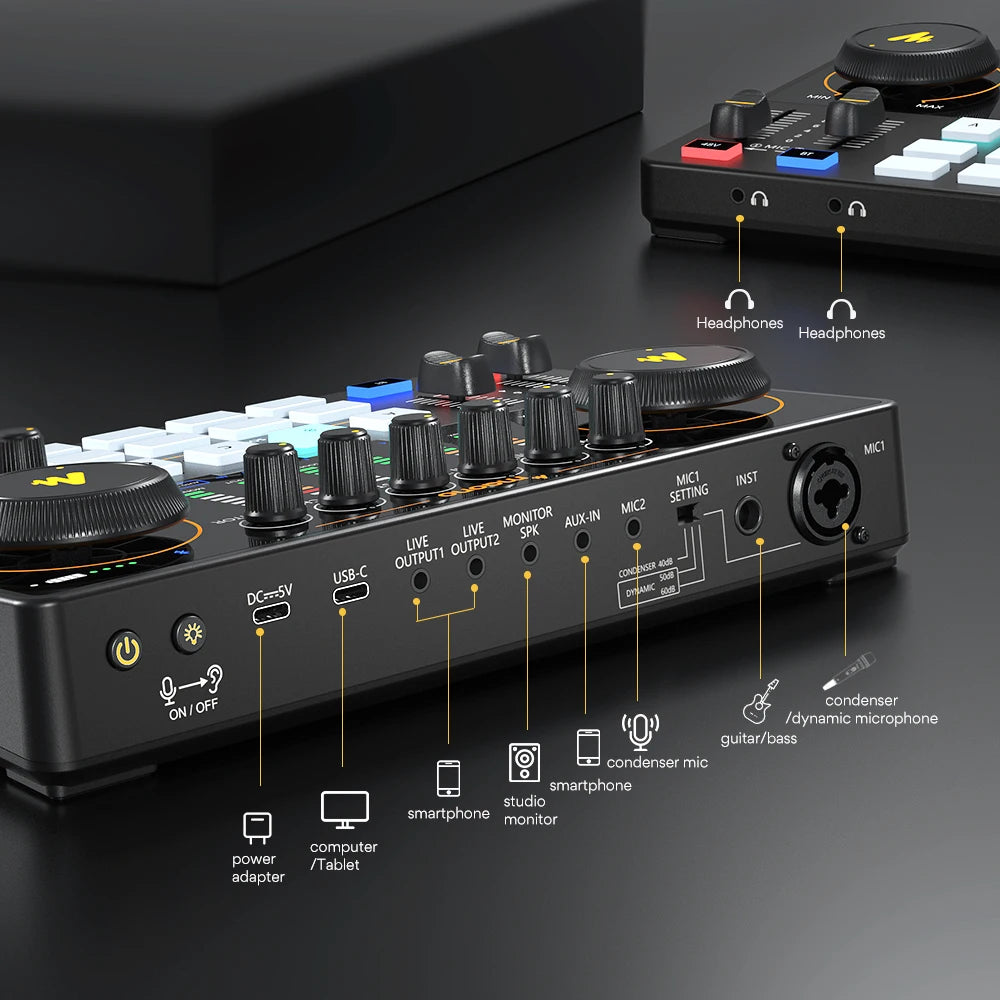 Podcast Audio Mixer Sound Card for Live Streaming and Recording