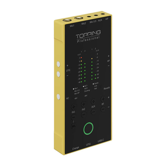 Portable Yellow Audio Interface with Dual Smartphone Input