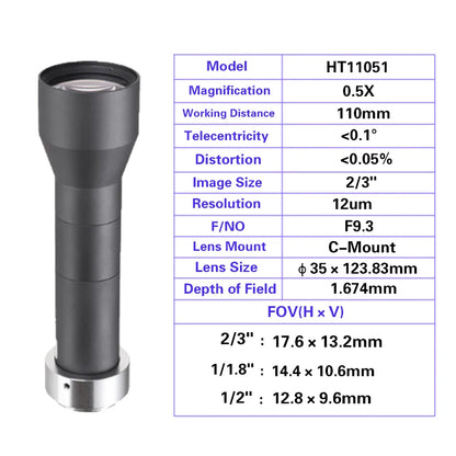 0.5X Precision Telecentric Lens with Coaxial Alignment