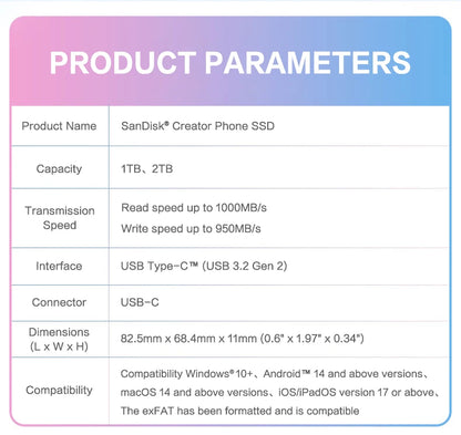 Portable 2TB USB-C SSD 1000MB/s Fast External Drive