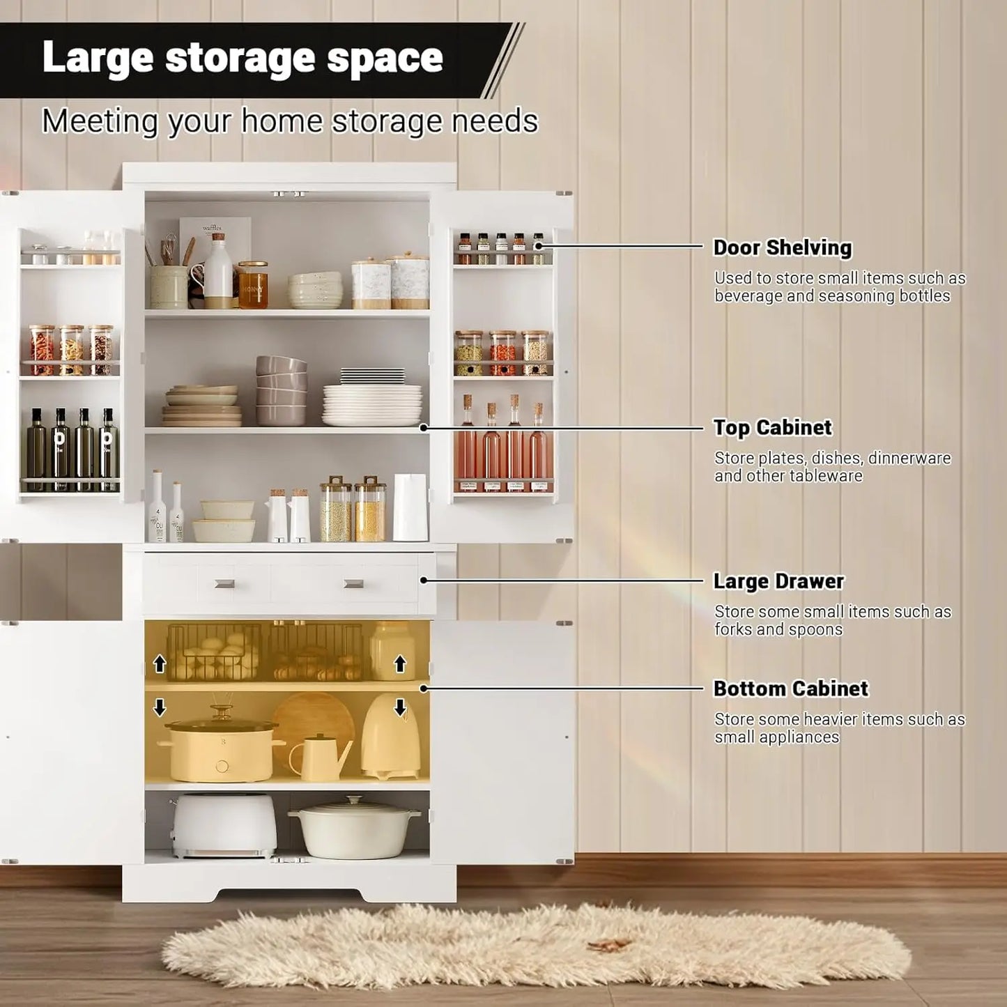 White 72" Kitchen Pantry Storage Cabinet 6 Shelves