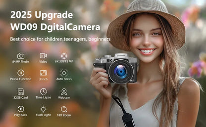 6K Compact Camera 84MP with 32GB TF Card and Flash
