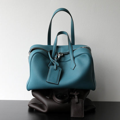 Large Leather Bowling Handbag Laptop Tote Work Bag Blue