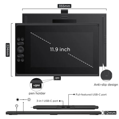 Graphic Drawing Tablet with 11.9 Inch Screen and Wheel
