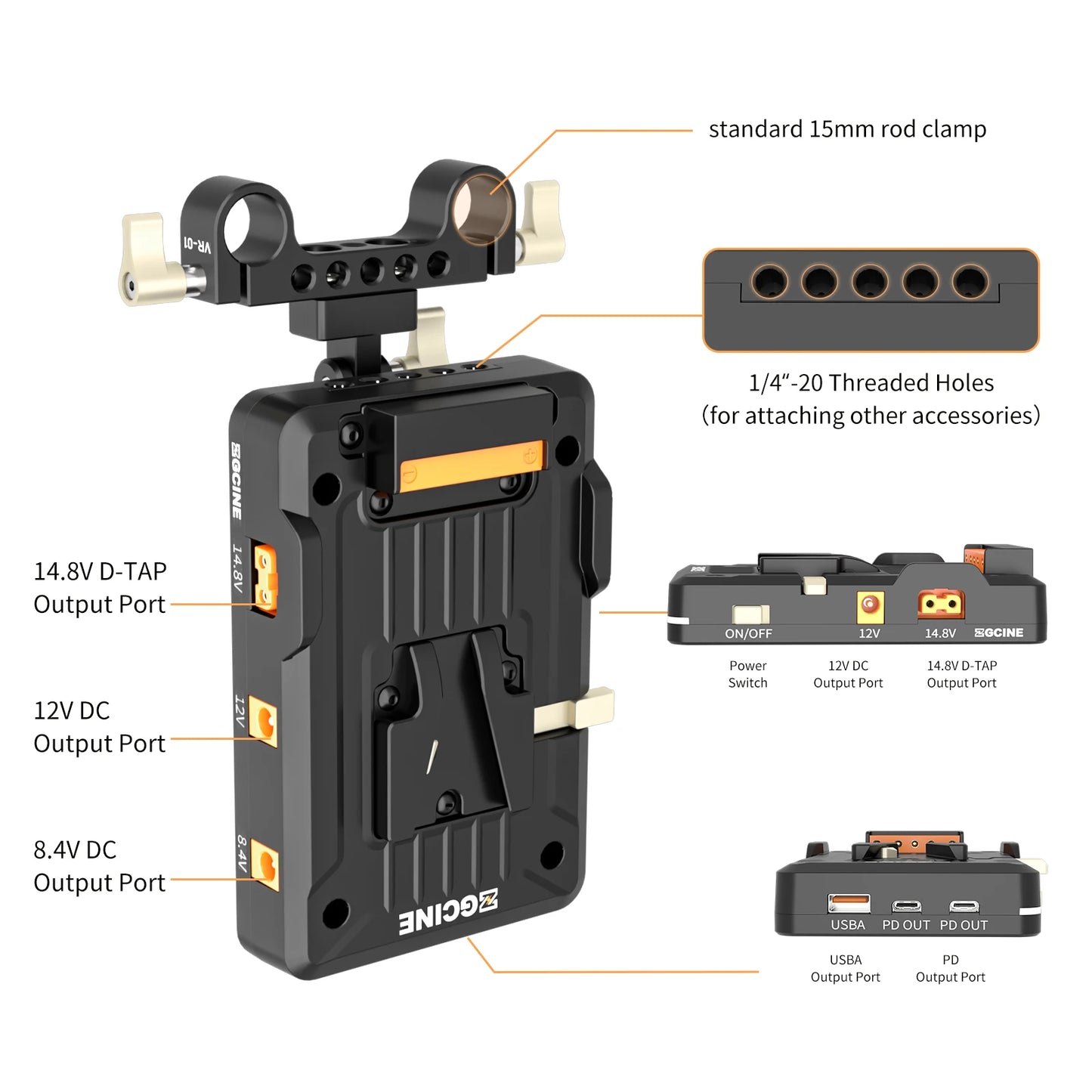 V-Lock Battery Plate PD 14.8V 15mm Rod Clamp
