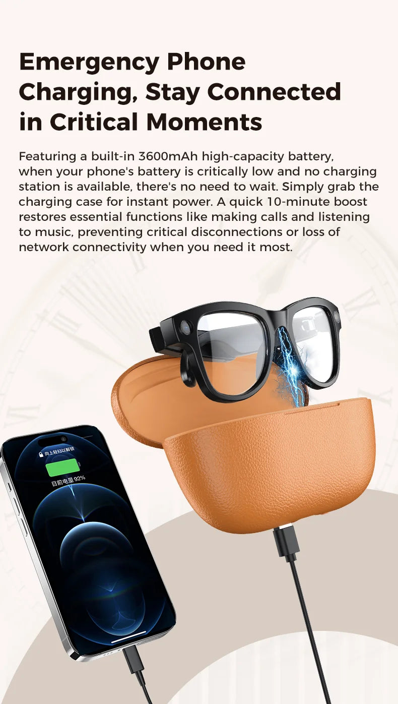Black Smart Glasses Blue Light 3600mAh Camera