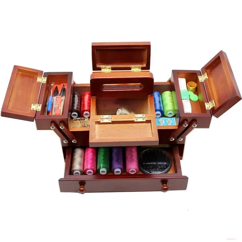 Natural Wood Sewing Box with Sewing Accessories